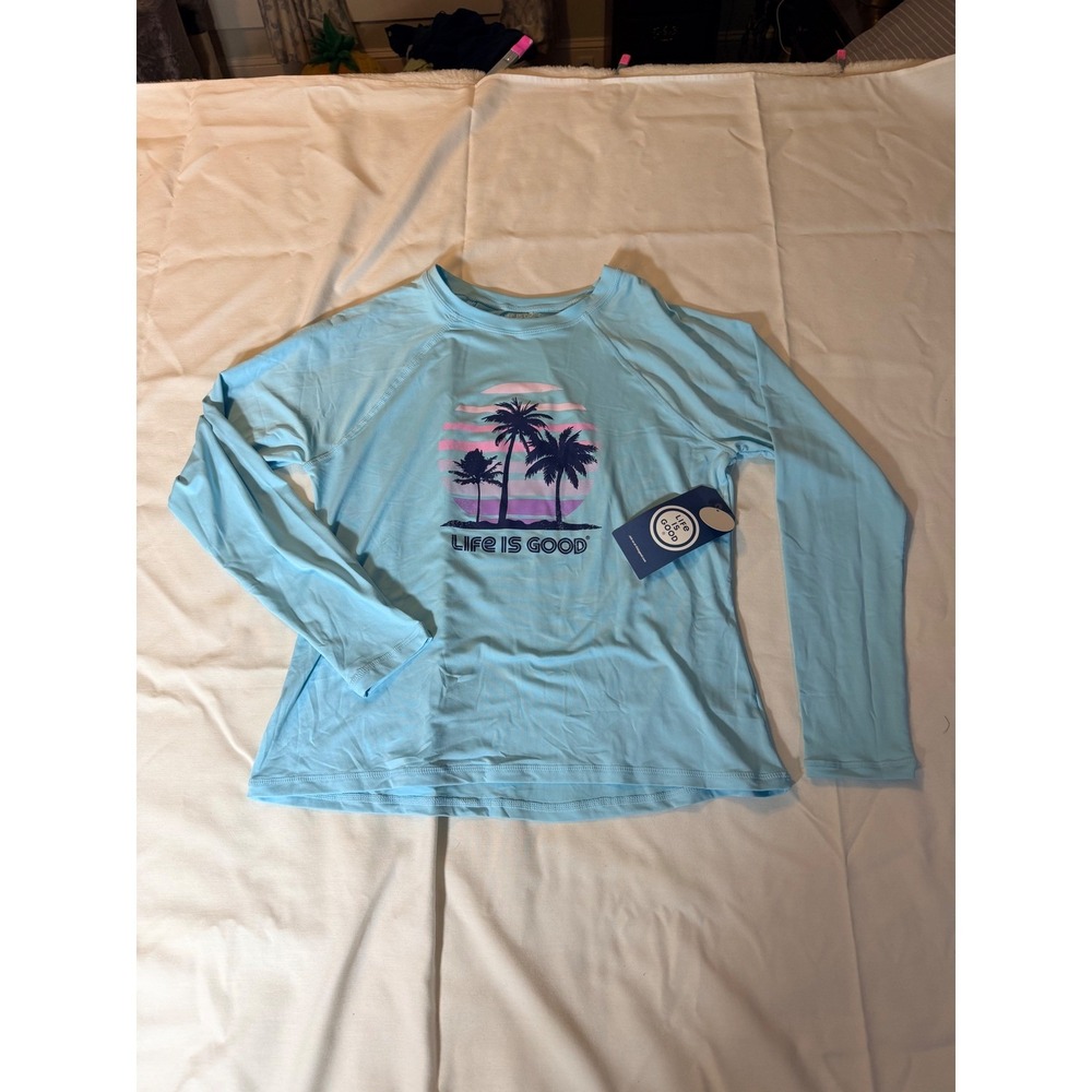Life is Good Womens Rash Guard Light Blue Palm Tree UPF 50+ LG4931C Large